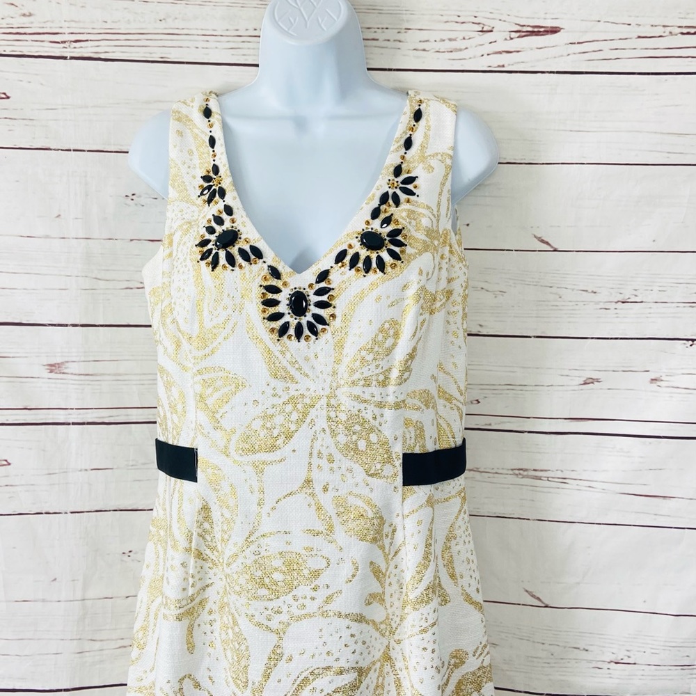 Lilly Pulitzer‎ Laidle Dress Women’s 10 Gold Metallic Shift Beaded V-Neck - Picture 2 of 15